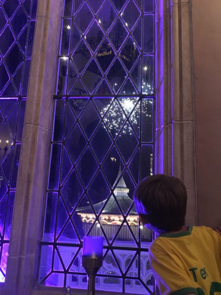 Golpe de sorte: no jantar no Cinderella’s Royal Table pegamos uma mesa bem na janela e vimos o show de fogos! 