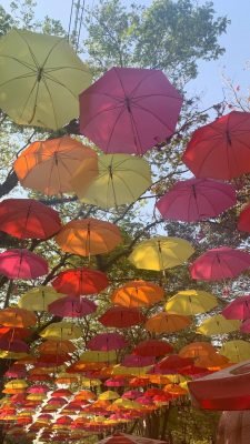 decoração com guarda chuva no alto