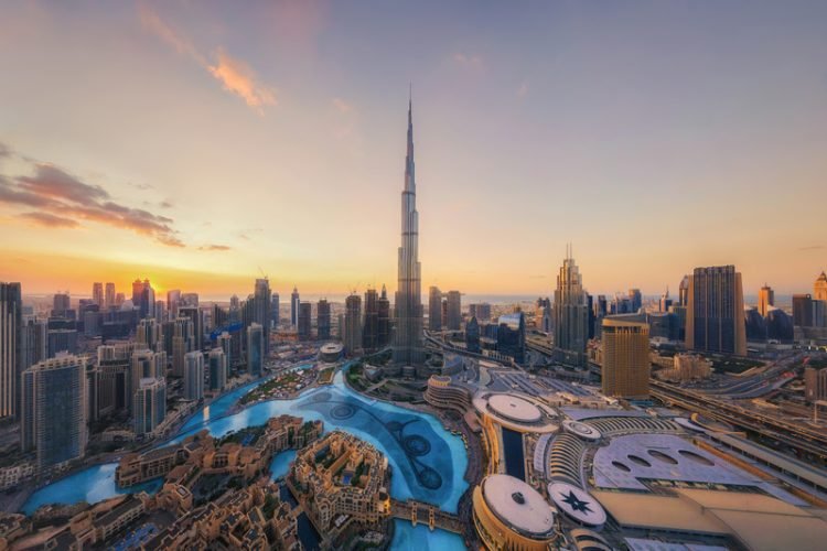 "Aerial view of tallest building in Dubai Downtown skyline and fountain