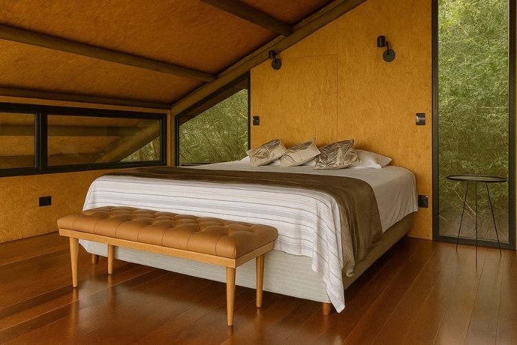 Cama king size no quarto do chalé bem te vi brotas